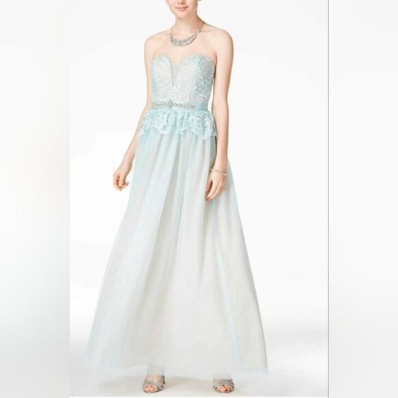 B. Darlin Juniors Strapless Lace Gown W/Rhinestones Aqua Blue/Nude NWT Size 1/2 - Picture 1 of 5
